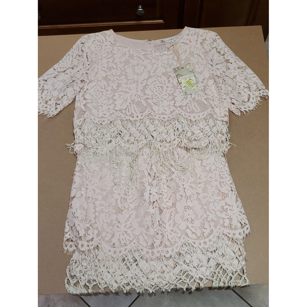 Chelsea Violet 2 Pc Lace Fringe Short Sleeve Top and Skirt in Blush